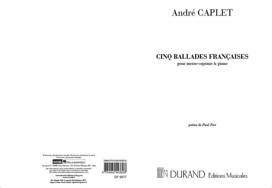 A. Caplet Cinq Ballades Francaises,  Canto (O Voce Recit) E Pianoforte  