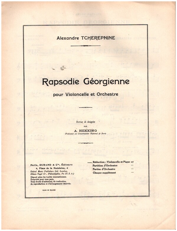 Rhapsodie Georgienne pour violoncelle et orchestre  pour violoncelle et piano  