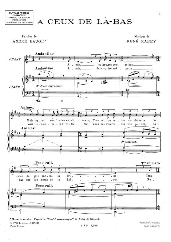 Rabey  A Ceux De La-Bas Chant Piano&nbsp;&nbsp;Vocal and Piano&nbsp;&nbsp;