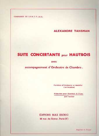 Suite concertante pour hautbois et orchestre&nbsp;&nbsp;de chambre pour hautbois et piano&nbsp;&nbsp;