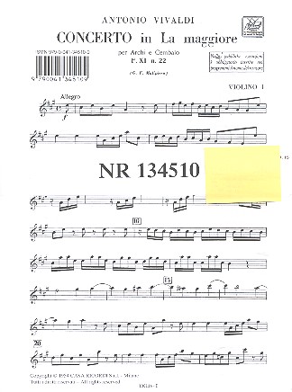 Concerti la maggiore FXI:22  per archi e cembalo  set of parts