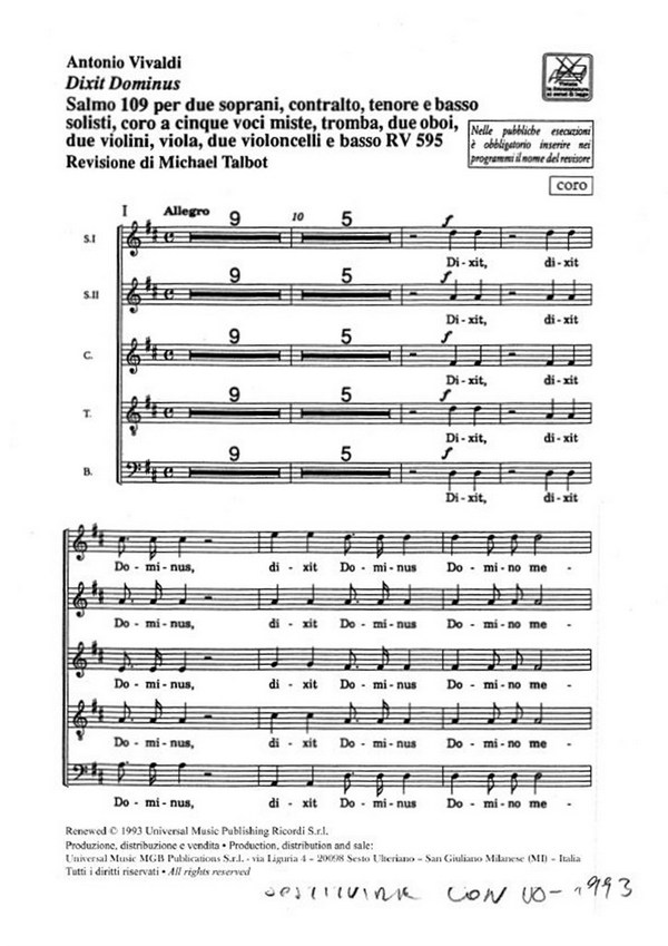 Dixit Dominus. Salmo 109 RV 595&nbsp;&nbsp;for vocal soloists, choir and chamber ensemble&nbsp;&nbsp;Stimmen-Set (10)