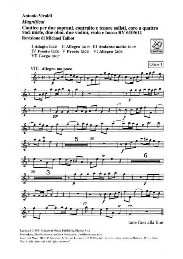 Magnificat RV 610-611&nbsp;&nbsp;per 2 sporani, contralo, tenore, coro miste e orchestra&nbsp;&nbsp;parti per orchestra