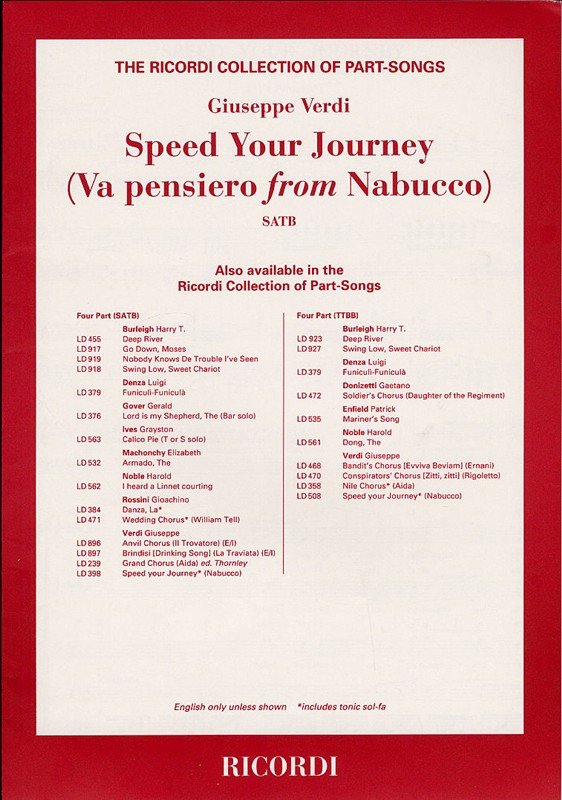 G. Verdi Speed Your Journey (Nabucco) E Satb&nbsp;&nbsp;Coro&nbsp;&nbsp;