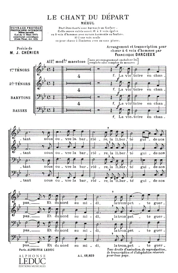 Le Chant du Départ  pour voix d'hommes a cappella  partie chouer