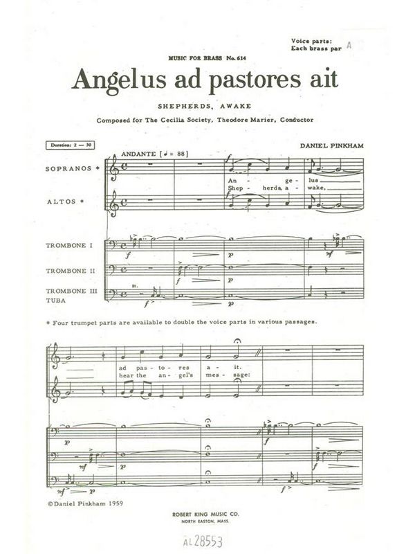 Angelus ad pastores ait for female chorus  and brass instruments  score