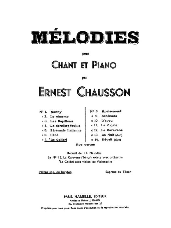 Le colibri  pour mezzo soprano (baryton) et piano  