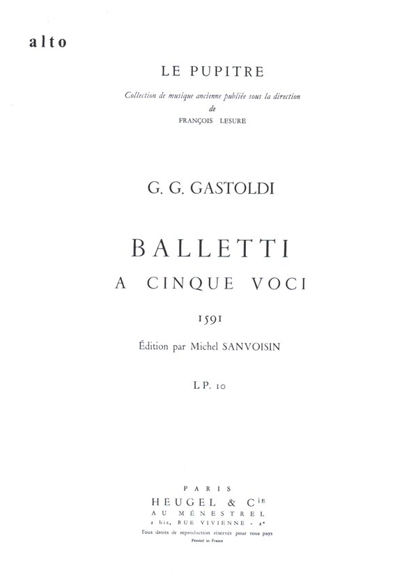 Balletti a cinque voci (1591)  pour 5 instruments  partie d'alto (haut-contre)