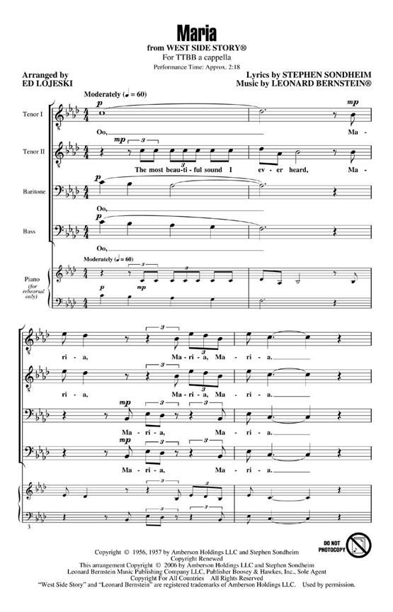 West Side Story&nbsp;&nbsp;für Männerchor (TTBarB) und Klavier&nbsp;&nbsp;Chorpartitur