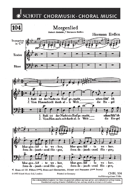 Morgenlied  für Männerchor und 2 Trompeten  Chorpartitur