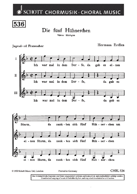 Die fünf Hühnerchen  für Frauen- und Jugendchor  Chorpartitur
