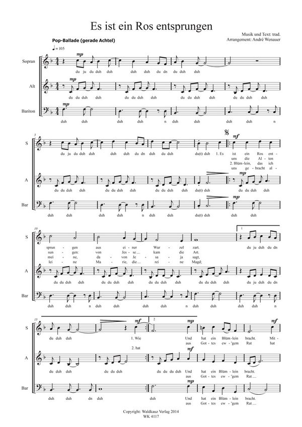 Wenauer, André&nbsp;&nbsp;Es ist ein Ros entsprungen (SSATB) oder (TTBB)&nbsp;&nbsp;