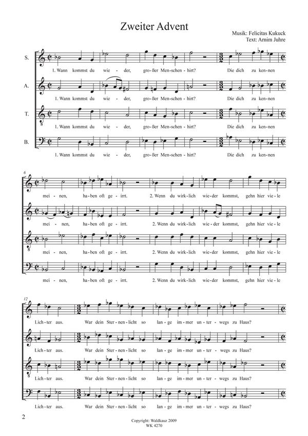 Kukuck, Felicitas&nbsp;&nbsp;Zweiter Advent - Adventslied für Chor SATB a cappella&nbsp;&nbsp;