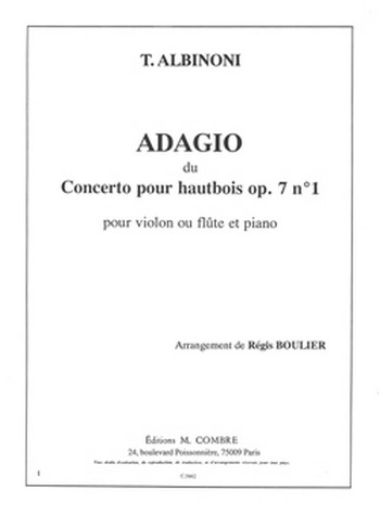 ALBINONI Tomaso / BOULIER Régis&nbsp;&nbsp;Adagio du concerto Op.7 n°1 pour hautbois&nbsp;&nbsp;violon ou flûte et piano Partition