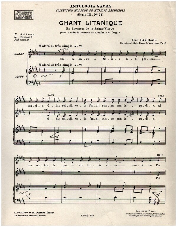 Chant litanique (Sainte Vierge)  pour 2 voix de femmes (d'efants) et orgue  partition
