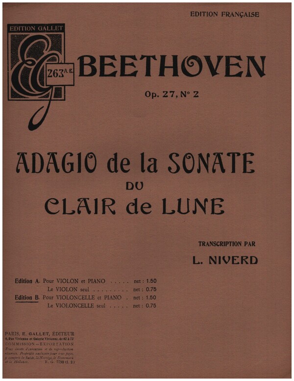 Adagio de la Sonate op.27,2 du Clair de lune&nbsp;&nbsp;pour violoncelle et piano&nbsp;&nbsp;