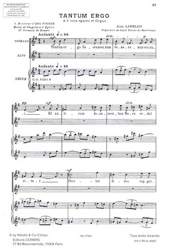 Tantum ergo&nbsp;&nbsp;pour 2 voix égales (choeur) et orgue&nbsp;&nbsp;partition