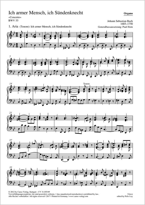 Ich armer Mensch, ich Sündenknecht&nbsp;&nbsp;Kantate Nr.55 BWV55&nbsp;&nbsp;Orgel