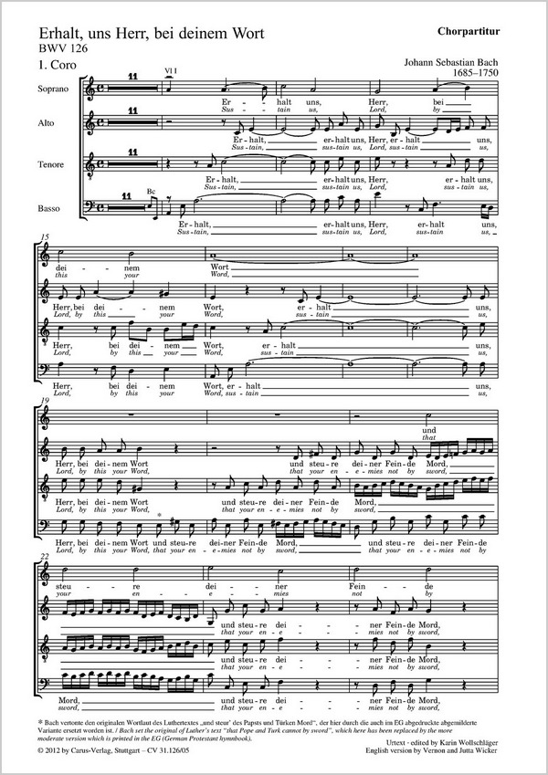 Erhalt uns Herr bei deinem Wort BWV126&nbsp;&nbsp;für Soli, gem Chor, Bläser, Streicher, Bc&nbsp;&nbsp;Chorpartitur