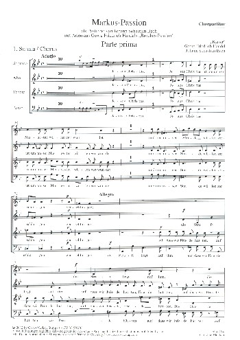 Markus-Passion - als Pasticcio von J.S.Bach mit Arien aus Händels  Brookes-Passion für Soli, gem Chor und Orchester  Chorpartitur