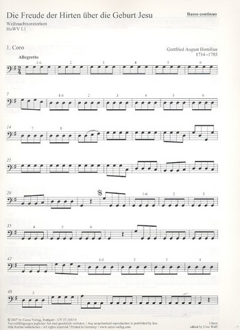 Die Freude der Hirten über die Geburt Jesu HoWV I.1  für Soli, gem Chor und Orchester  Violoncello/Kontrabass