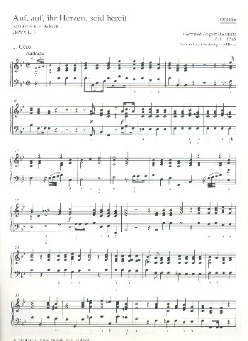 Auf auf ihr Herzen seid bereit HoWVII.7  für Soli, gem Chor, 2 Oboen, 2 Violinen, Viola, Bc  Orgel