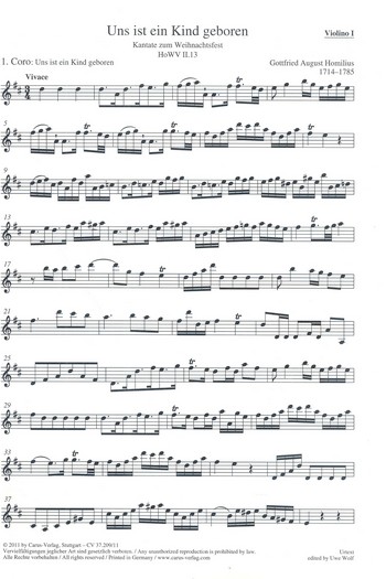Uns ist ein Kind geboren HoWVII.13  für Soli, gem Chor und Orchester  Violine 1
