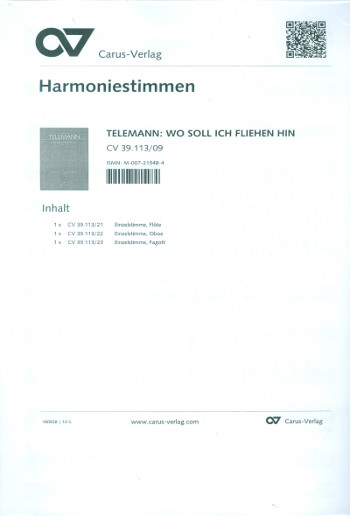 Wo soll ich fliehen hin TWV1:1724&nbsp;&nbsp;für Bass, gem Chor und Orchester&nbsp;&nbsp;Harmoniestimmen