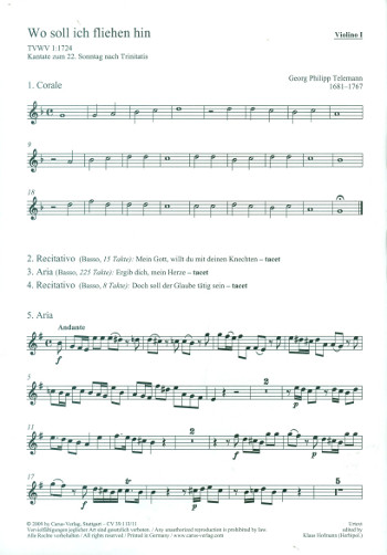 Wo soll ich fliehen hin TWV1:1724&nbsp;&nbsp;für Bass, gem Chor und Orchester&nbsp;&nbsp;Violine 1