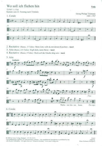 Wo soll ich fliehen hin TWV1:1724&nbsp;&nbsp;für Bass, gem Chor und Orchester&nbsp;&nbsp;Viola