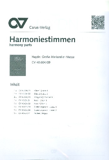 Grosse Mariazeller Messe C-Dur Hob.XXII:5&nbsp;&nbsp;für Soli, gem Chor und Orchester&nbsp;&nbsp;Harmoniestimmen