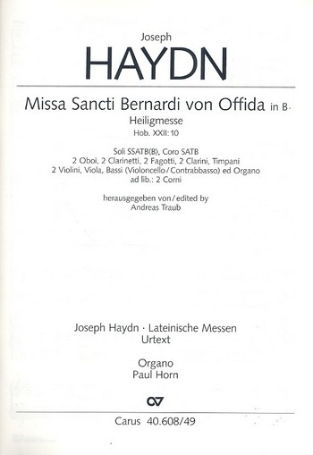 Heiligmesse B-Dur Hob.XXII:10&nbsp;&nbsp;für Soli, gem Chor und Orchester&nbsp;&nbsp;Orgel