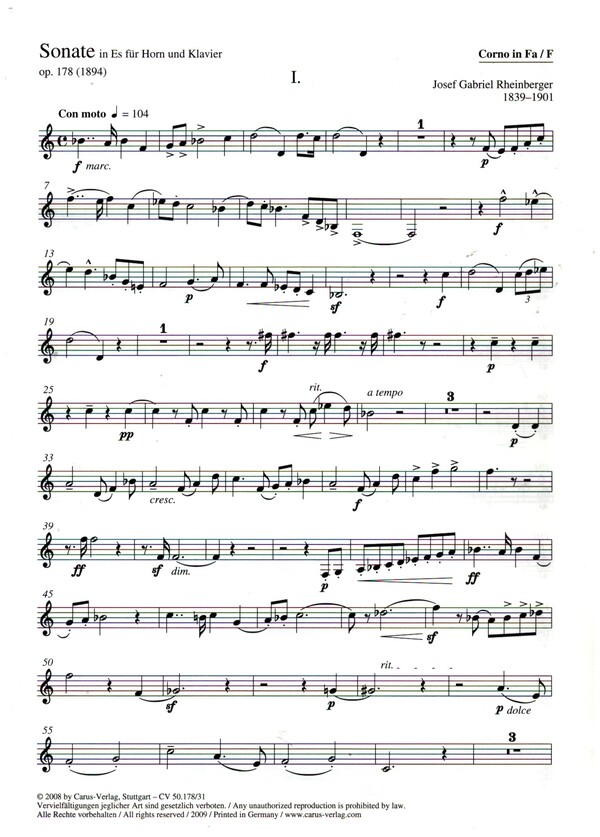 Sonate Es-Dur op.178 für Horn und Klavier&nbsp;&nbsp;Horn&nbsp;&nbsp;