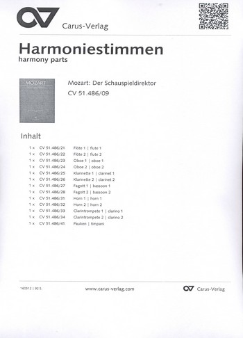 Der Schauspieldirektor KV486&nbsp;&nbsp;für Soli und Orchester&nbsp;&nbsp;Harmoniestimmen