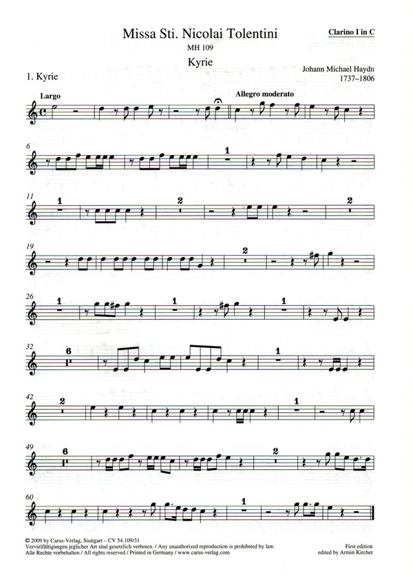 Missa Sancti Nicolai Tolentini MH109  für Soli, Frauenchor und Instrumente  Clarintrompete 1