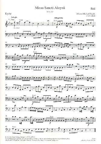 Missa Sancti Aloysii  für 2 Soprane, Alt, Chor (SSA),  2 Violinen, Bass und Orgel  Violoncello/Kontrabass