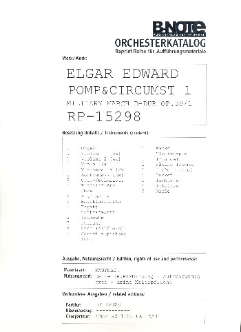 Pomp and Circumstance D-Dur op.39,1&nbsp;&nbsp;für Orchester&nbsp;&nbsp;Stimmensatz (Streicher 5-4-3-2-2)