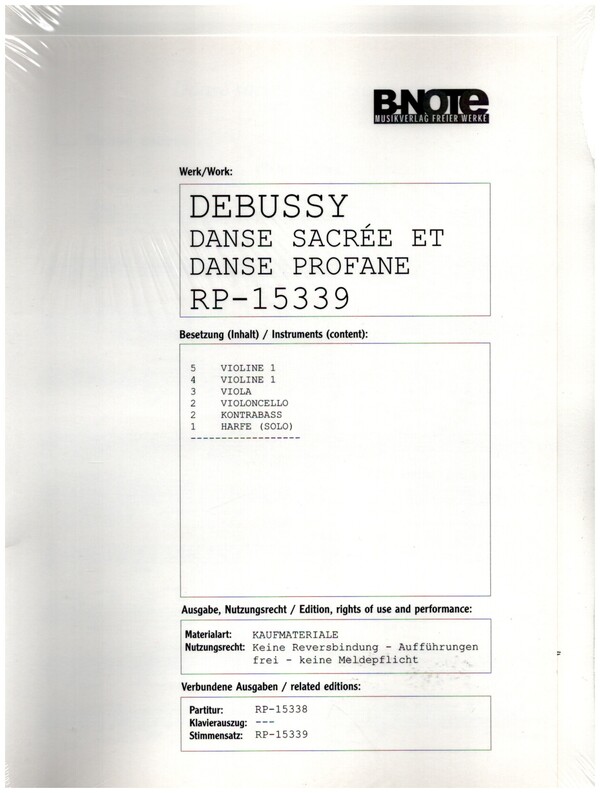 Danse sacrée et danse profane  für Harfe und Streichorchester  Stimmensatz (4-4-3-2-2+Harfe)