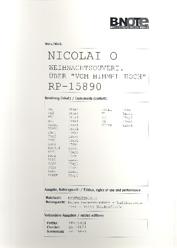 Weihnachtsouvertüre über Vom Himmel hoch&nbsp;&nbsp;für gem Chor und Orchester&nbsp;&nbsp;Stimmensatz (Streicher 5-4-3-4)