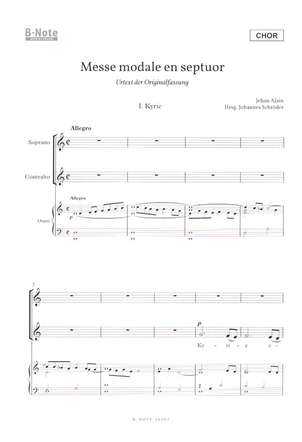 Messe modale en septour  für Frauenchor (SA), Flöte, Streichquartett oder Orgel  Chorpartitur (mit Orgel, la)