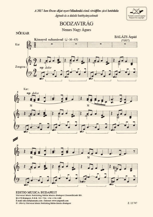 Bodzavirág&nbsp;&nbsp;for upper voices and piano&nbsp;&nbsp;choral score (ung)