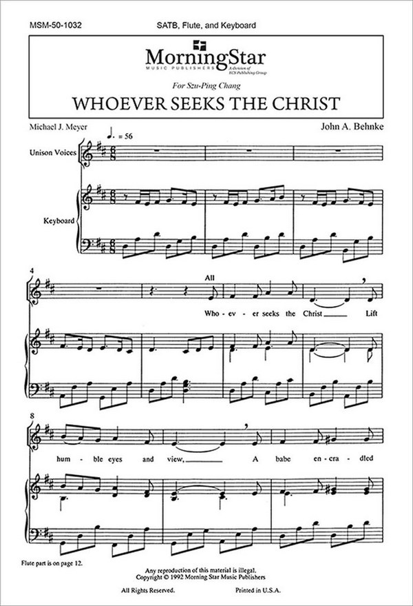 John A. Behnke&nbsp;&nbsp;Whoever Seeks the Christ&nbsp;&nbsp;SATB, Keyboard, Flute