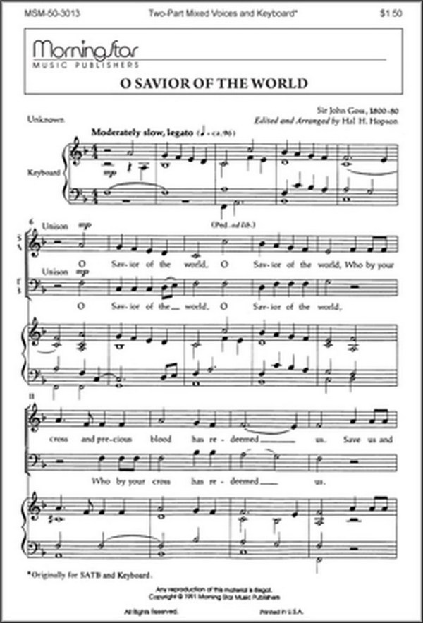 John Goss&nbsp;&nbsp;O Savior of the World&nbsp;&nbsp;Two-Part Mixed Voices, Keyboard