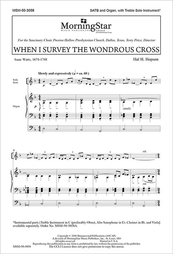 Hal H. Hopson&nbsp;&nbsp;When I Survey the Wondrous Cross&nbsp;&nbsp;SATB, Organ, C Instrument or B-flat Instrument, Saxophone, Viola (CHOR