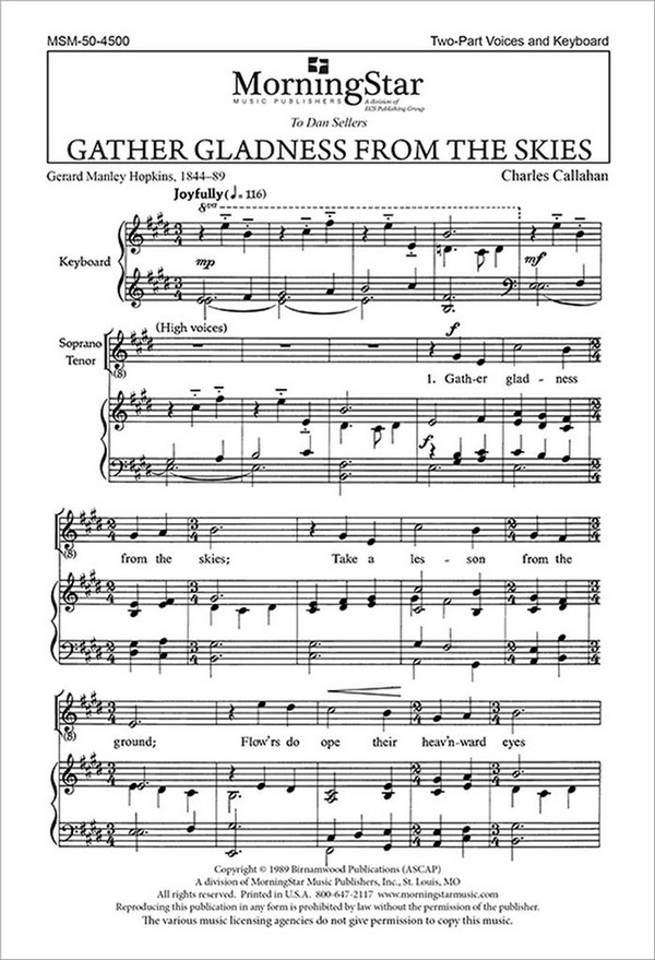 Charles Callahan&nbsp;&nbsp;Gather Gladness from the Skies&nbsp;&nbsp;Two-Part Mixed Voices, Keyboard