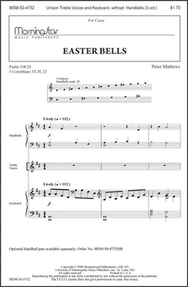 Peter Mathews&nbsp;&nbsp;Easter Bells&nbsp;&nbsp;Unison Voices, Keyboard, opt.Handbells (CHORAL SCORE)