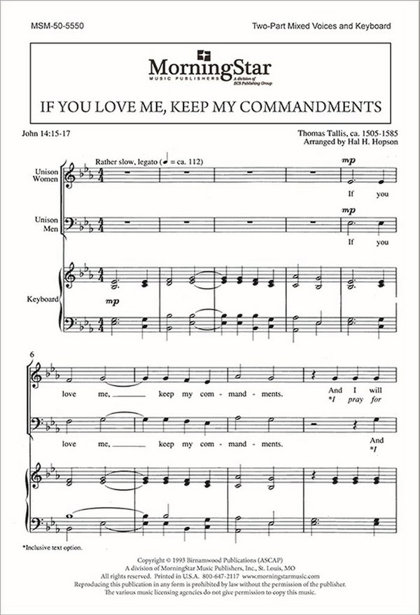 Thomas Tallis&nbsp;&nbsp;If You Love Me, Keep My Commandments&nbsp;&nbsp;Two-Part Mixed Voices, Keyboard