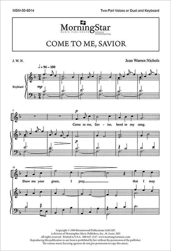 Jean Nichols&nbsp;&nbsp;Come to Me, Savior&nbsp;&nbsp;Two-Part Treble Voices, Keyboard