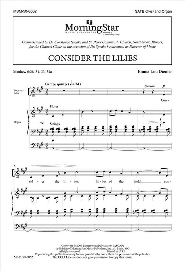 Emma Lou Diemer&nbsp;&nbsp;Consider the Lilies&nbsp;&nbsp;SATB divisi and Organ