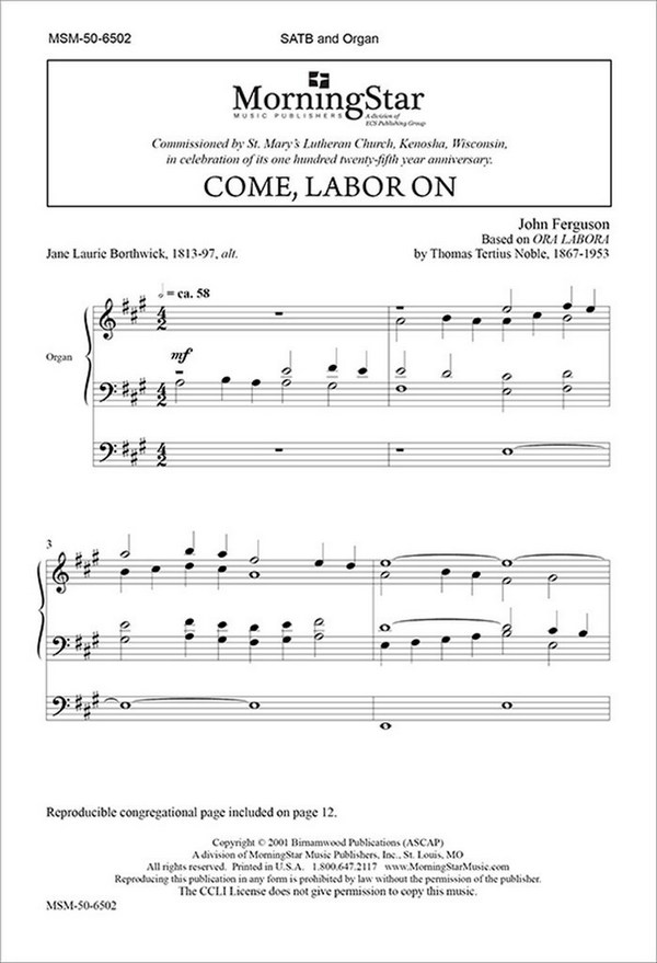 John Ferguson&nbsp;&nbsp;Come Labor On&nbsp;&nbsp;SATB and Organ
